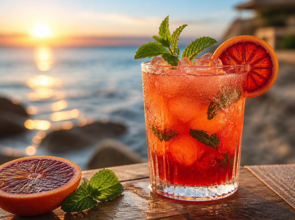 Cocktail con arancia rossa e menta su un tavolo di legno al tramonto sul mare