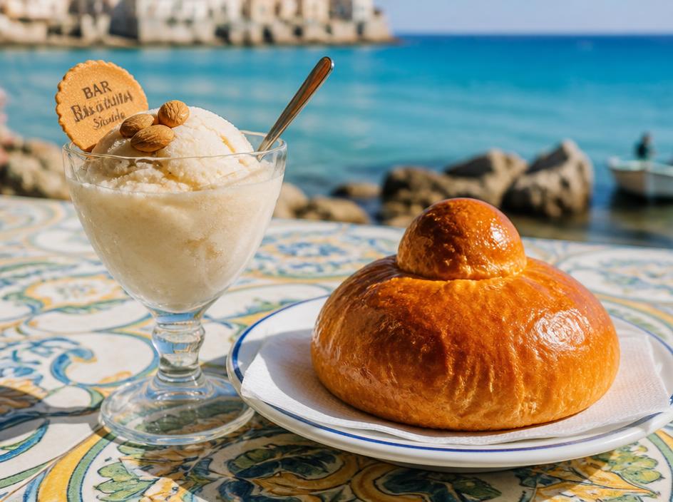Granita alla mandorla con brioche col tuppo su un tavolo di maiolica davanti al mare