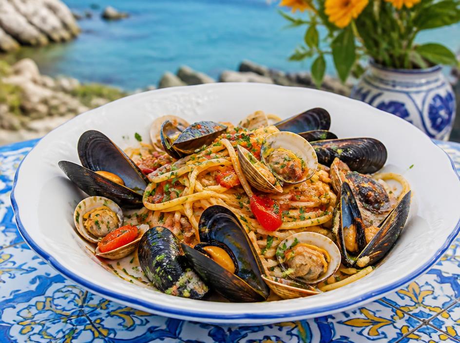 Piatto di spaghetti allo scoglio con cozze e vongole su un tavolo di maiolica